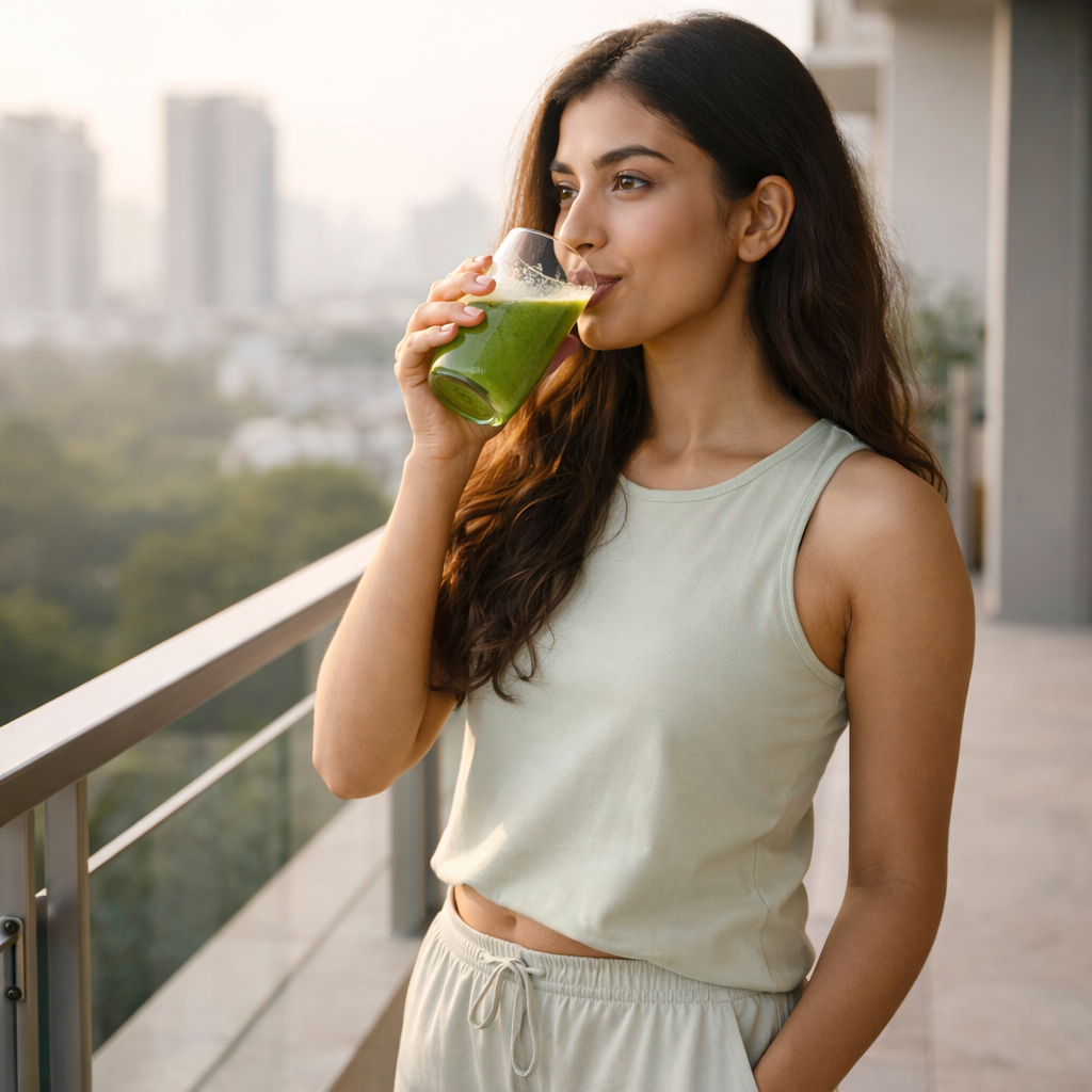A young woman drinking wheatgrass juice